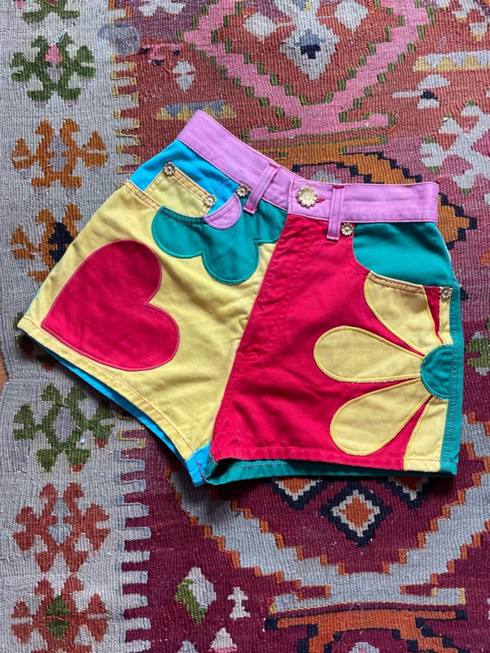 Moschino Bright Multicolor Heart & Daisy Patch Jean Shorts